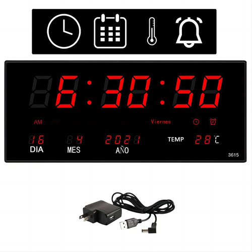 Reloj De Pared Digital Led Rojo Termómetro Y 4 Alarmas
