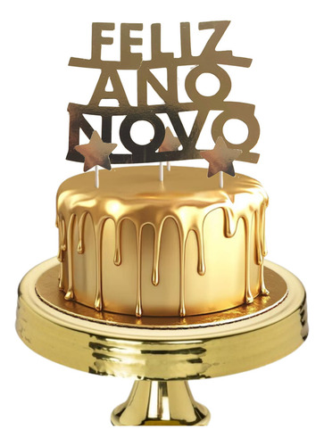 Topo De Bolo Feliz Ano Dourado E Furta-cor 15cm Cor Dourado-escuro