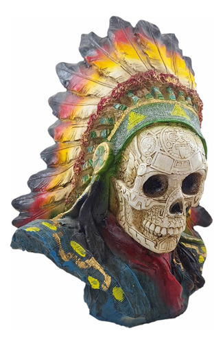 Figura Penacho Azteca, Decorativo Craneo En Resina 45 Cm