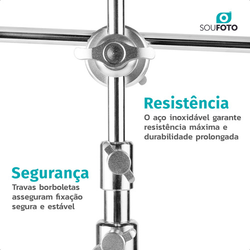 Mini Tripé De Inox TGF-053i Com Braço Articulado, Ball Head 360°, Base C-Stand Antiderrapante, Altura Ajustável 30cm a 53cm, Suporte Para Celular, Iluminação, Câmera e Microfone - Sou Foto