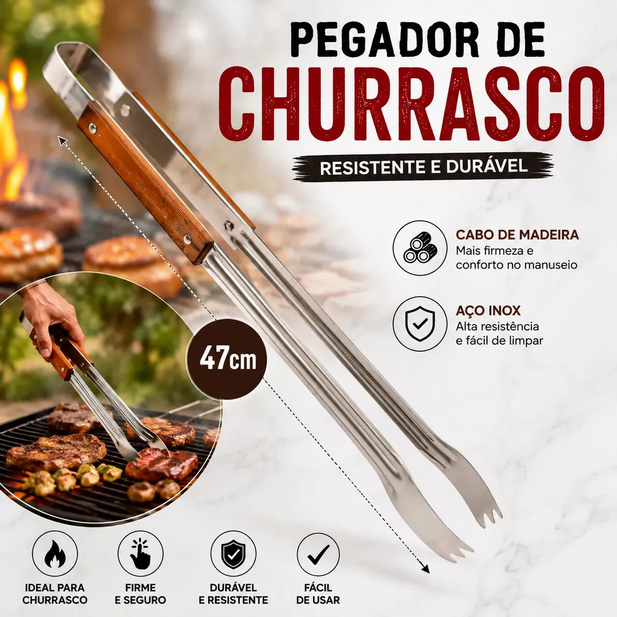 Pegador Para Carne Churrasco Inox E Madeira 47cm Resistente Cabo Madeira Grande Longo Pegador Churrasco Profissional Mariazinha