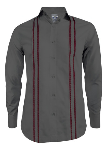 Camisa Guayabera Gris Oscuro Bordada Sin Bolsillos Hombre