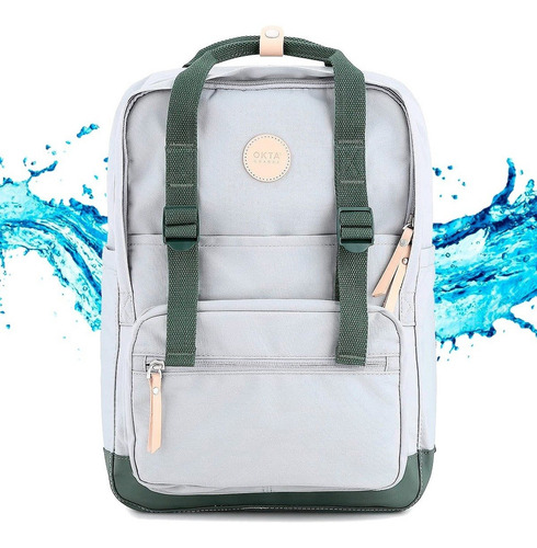 Mochila Estilo Retro Con División Para Notebook Color Gris y Verde