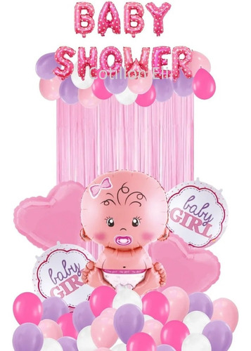 Set Deco Globos Baby Shower Cortina Cartel Rosa Nena Bebe