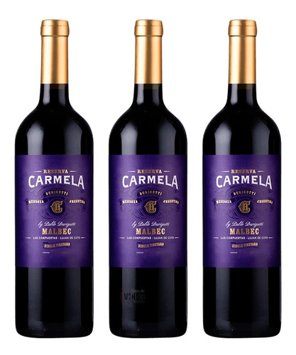 Vino Carmela Durigutti Malbec Reserva Pack X3 Unidades