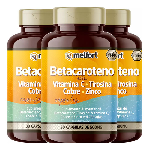 3 X Betacaroteno Com Vitamina C, Tirosina, Zinco 90 Cápsulas Sabor Sem Sabor