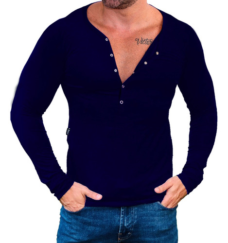 Camisa Henley Básica Masculina Slim Fit Botão Manga Comprida