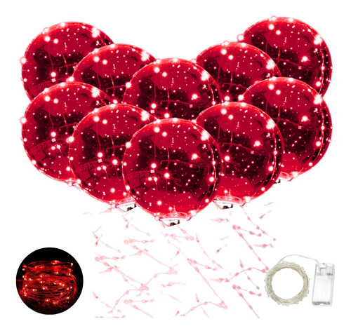 10 Globos Burbuja Cristal Luz Transparente Micro Led Rojo