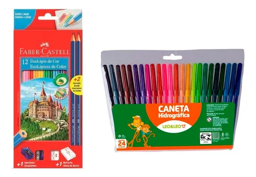 Lápis 12 Cores Faber-castell+canetinha Hidrográfica 24 Cores