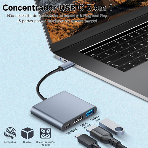 K Adaptador Usb Ac Hdmi, Adaptador Multiporta 3 Em 1 Tipo C