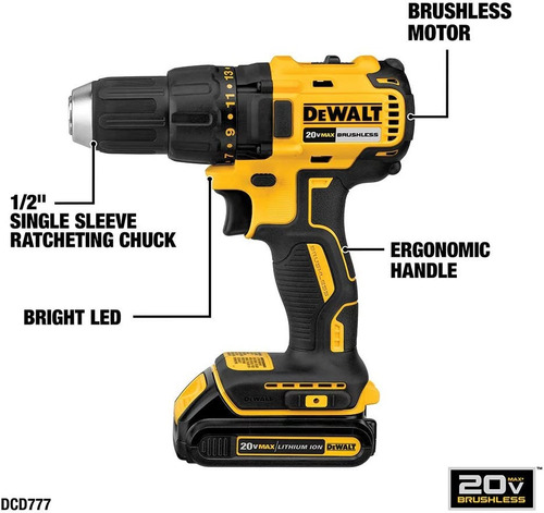 Taladro Inalámbrico 1/2 Sin Escobillas Dewalt Dcd777c2 20v Color Amarillo