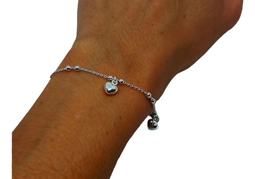 Pulsera De Plata Italiana 925 Con Dijes Corazones Y Bolitas 