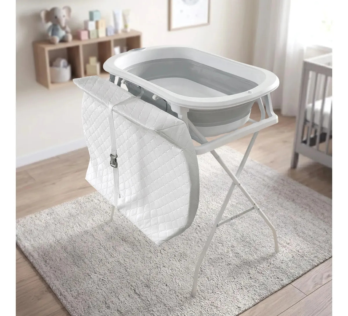 Bebbly Bañera Alta Para Bebé Con Cambiador, Sensor De Temperatura y Soporte Metálico Para Bebés De 0 A 24 Meses (Gris)