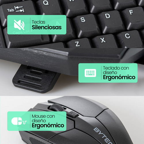 Kit Teclado Y Mouse Inalámbrico Conexión Usb Ergonómico Bytech