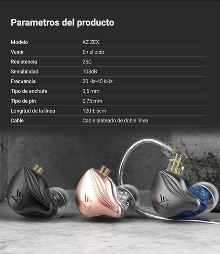 Imagen 2 de 5 de Auriculares In Ear Kz Zex Monitoreo 1dd + 1ed Sin Microfono