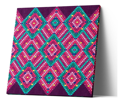 Cuadro Canvas Estilo Huichol Rosa Puntos Turquesa 40x40 Cm 