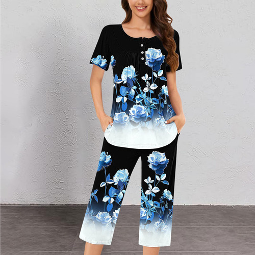 Conjunto De Pijama P Para Mujer, Cuello Redondo, Manga Corta