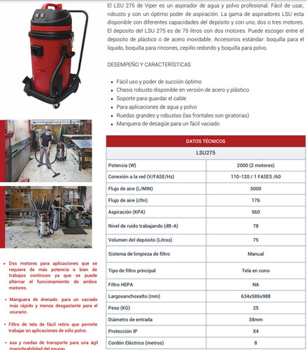 Aspiradora Viper Lsu 275 Con Dos Motores Líquidos Y Sólidos
