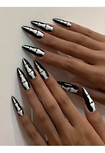 Uñas Postizas Largas Stiletto Halloween Negro Diseño Hueso