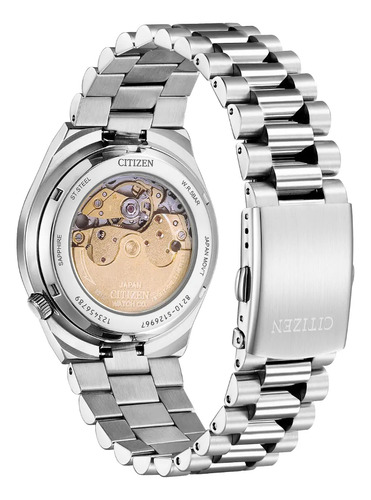 Relógio Citizen Tsuyosa NJ0151-53z, pulseira prateada, moldura prateada, fundo laranja