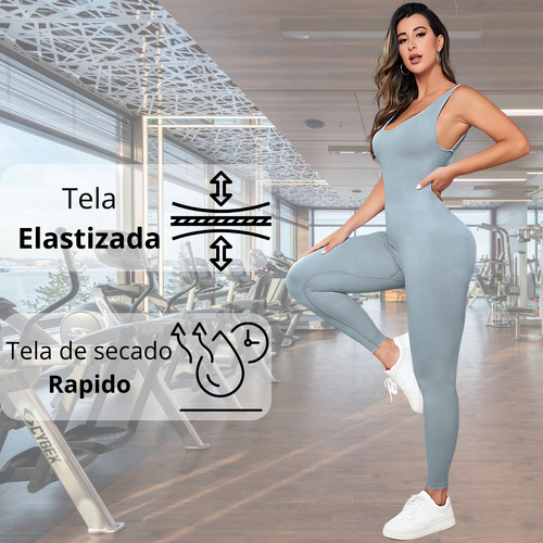 Enterizo Deportivo Largo Invierno Frunce S/costura Seamless Gris Claro Lisa M