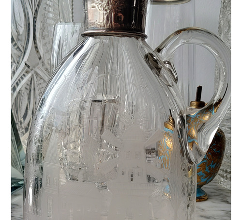 Botellón Garrafa Antigua Cristal Y Plata Francesa Cincelada. (Usado)