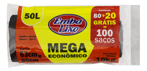 Saco para Lixo 50l Embalixo 80 Unidades Grátis 20 Unidades Mega Econômico