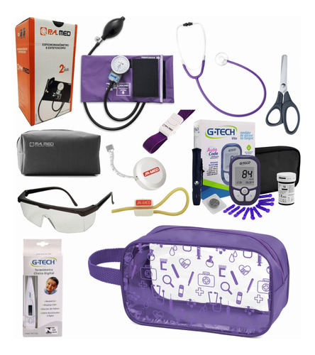 Kit Enfermagem  Lilás Estetoscópio Simples + Kit De Glicose