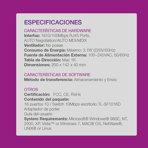 Switch 16 Bocas Tp-link Tl-sf1016d 16 Puertos 10/100mbps Pc