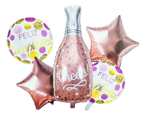 Kit Set Globo Feliz Cumpleaños Botella Champagne Metal Rosa