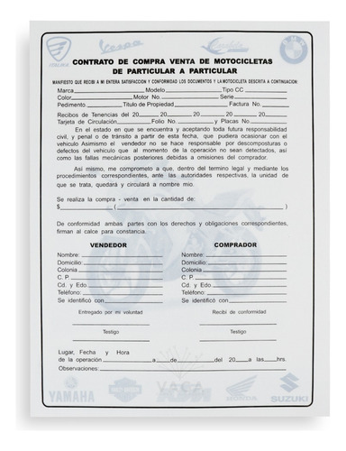 Block Contrato De Compra Venta De Motocicletas Tamaño Carta