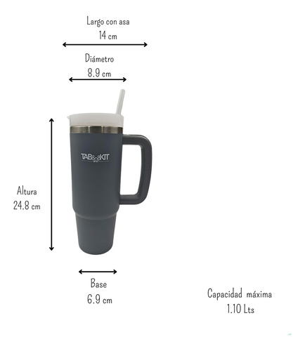 Termo Viaje 1.10 Lt Inox Doble Pared Térmica C/tapa Y Popote Gris Oscuro