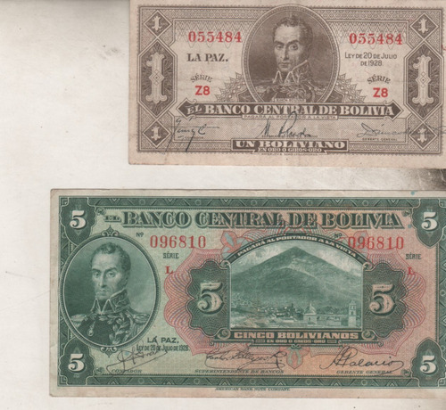2 Billetes De * Bolivia  * ( 1 Y 5 Bolivianos ) Año 1928