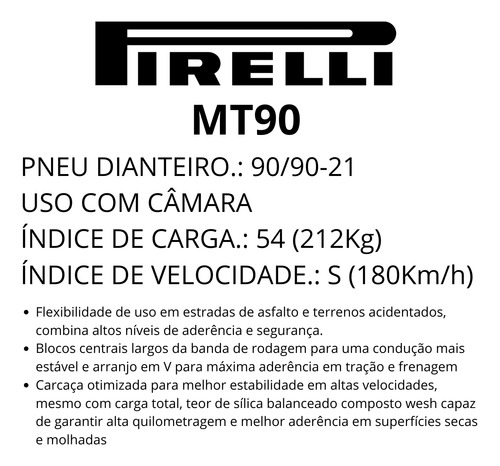 Pneu Dianteiro Moto 90/90-21 54s Pirelli Mt90 Com Câmara