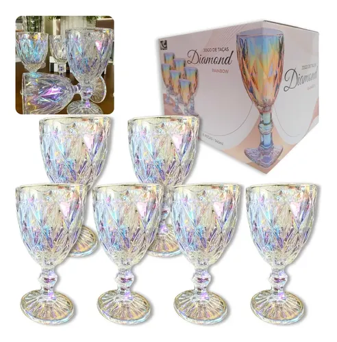 Jogo 6 Taça Vidro Decorado Textura Diamante Grossa 300 Ml Cor Raibow - Efeito Colorido