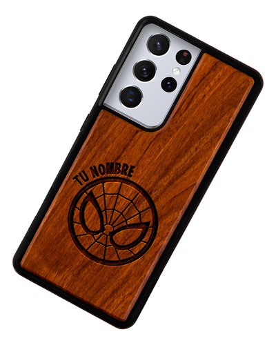 Funda Para Galaxy Spiderman Logo Madera Grabada Con Nombre