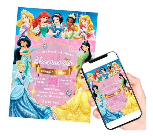 Invitacion Princesas Disney Digital Personalizada + Etiqueta