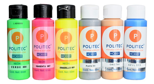 Kit Pinturas Acrílicas Politec 6 Colores Mixtos 60 Ml C/u