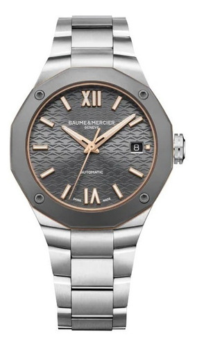 Reloj de pulsera Baume & Mercier Riviera M0A10661, analógico, para mujer, fondo gris, con correa de acero inoxidable color plateado, agujas color dorado, bisel color gris y desplegable