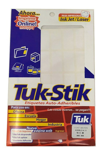 Etiqueta Adhesiva Tuk Stik 19x38 Mm Blanco 600 Pzs