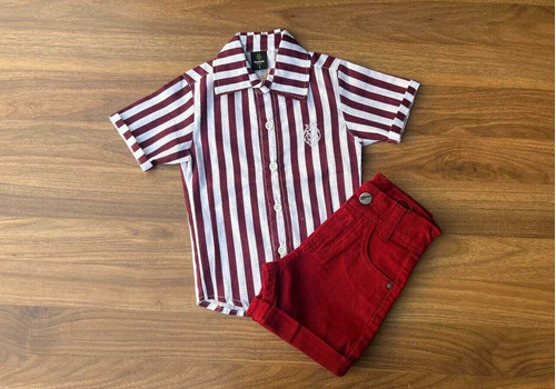 Conjunto Vermelho Bermuda Camisa Listrada Infantil Menino