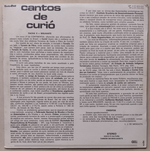 Lp Cantos De Curió Pacha Ii E Curió Brilhante 1974 Vg Vinil (Usado)