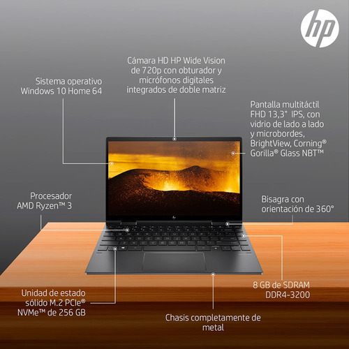 Imagen 6 de 9 de Notebook Hp 13,3 Amd Ryzen 3 8gb 256gb Ssd Envy X360 13-ay0