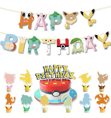 Pack Cumpleaños Pokemon Pikachu Globos Toppers Cinta Y Mas