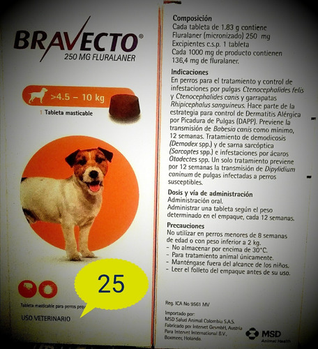 Tableta Masticable Para Perros Grandes Bravecto De 4.5-10kg