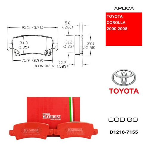 Pastillas Traseras De Frenos Toyota Corolla 1.6 2001-2007