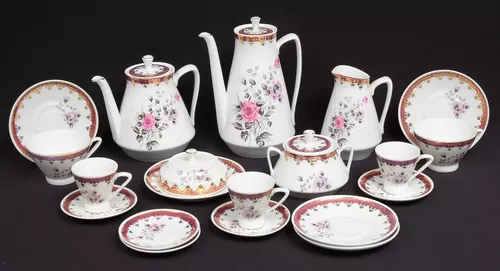 Antigo Jogo De Chá E Café, Porcelana Schmidt Floral Com Ouro