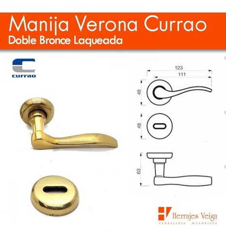 Imagen 2 de 10 de Manija Verona Currao Doble Bronce Laqueada Hermosa Picaporte