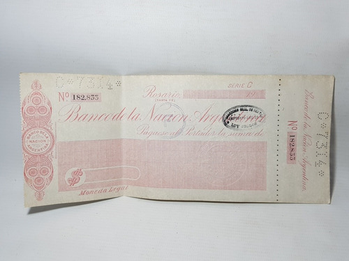 Antiguo Cheque Banco Nación 1920 S/c Sello Al Agua Mag 57263