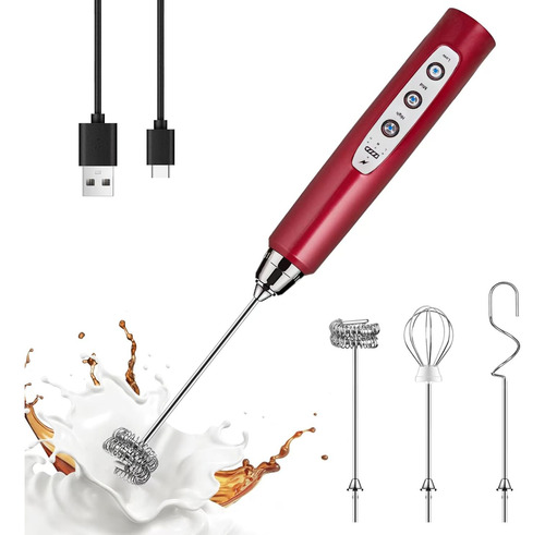 Batidor De Leche Rojo Yuswko De Mano Con 3 Cabezales, Batido